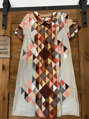 Geometric Print Dress in Cream with Coral & Brown Accentsy